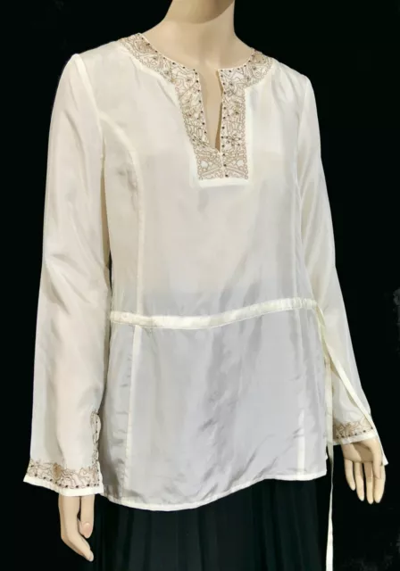 Nwt $89 Esprit Hippy Boho Embroidered Beaded Silk Drawstring Blouse Top L 2