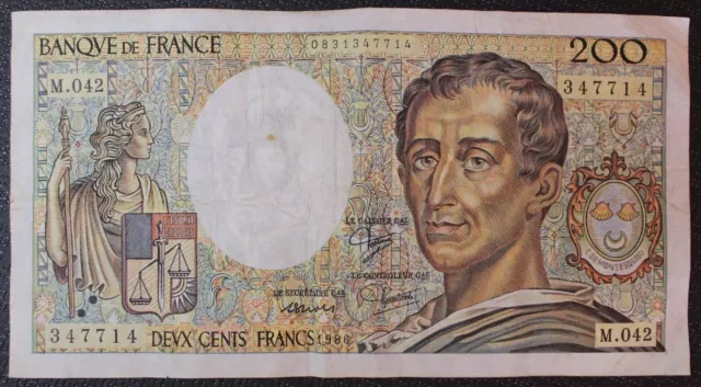 France - Francia - Billet de 200 Francs "Montesquieu" de 1986 - Réf F3