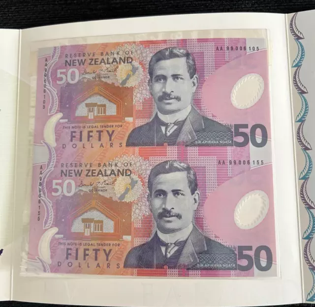 New Zealand 2 X $50 Notes Uncut Polymer Pair Aa Serial Limited Edition 1999