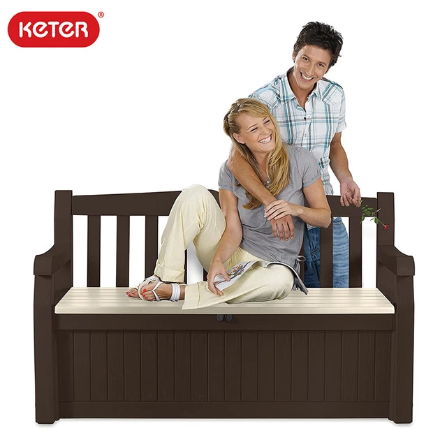 Caisse Banc Keter EDEN GARDEN Effet Bois - 265L, Rangement Extérieur Style Tronc, Marron