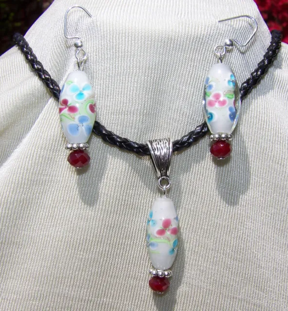 WHITE/RED LAMPWORK FLOWERS NECKLACE EARRING BLACK CORD handmade