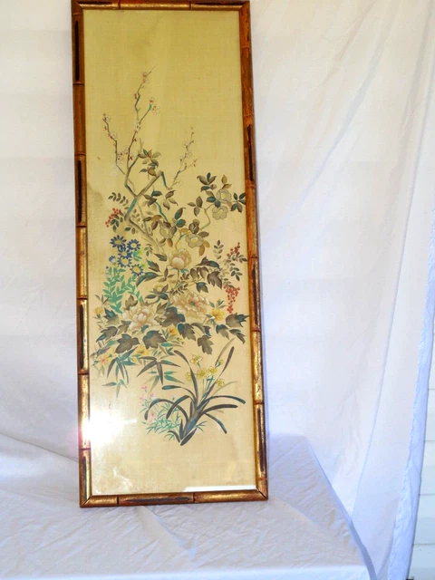 Vintage Long Asian Watercolor Print Framed In Painted Gold Bamboo Wood