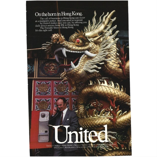 UNITED AIRLINES FLY to Hong Kong Asia Dragon 1980s Vintage Print Ad 8