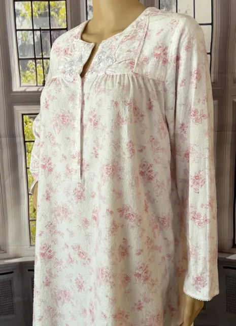 Earth Angels Cotton Flannel Nightgown Pink Floral Long Sleeve Lace Size MEDIUM