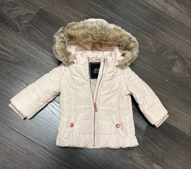 NEW RIVER ISLAND Rose Gold baby girl puffer jacket coat fluffy hoodie 6-9 months