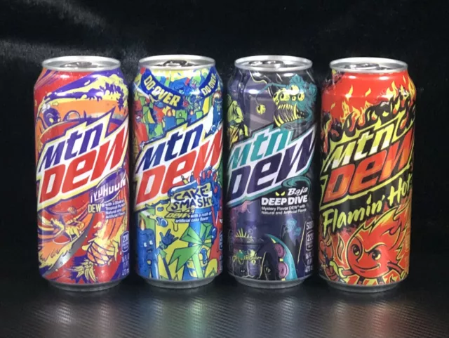 RARE Mtn Dew Lot- FULL 16 oz Cans of Cake Smash, Deep Dive, Flamin Hot & Typhoon