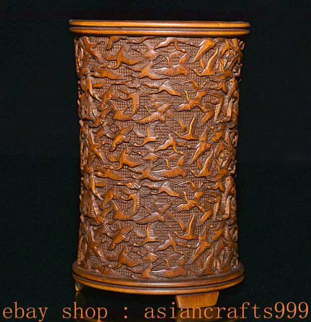 5,2" Alte China Buchsbaum Holz Geschnitzt Dynastie Kranich Vögel Bürste Topf