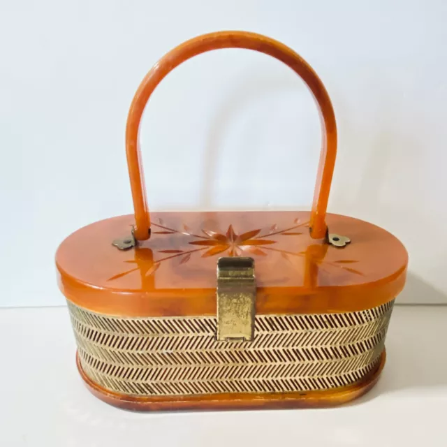 Vintage Lucite Box Purse By MW Handbags Oval Pumpkin Color Carved Lid