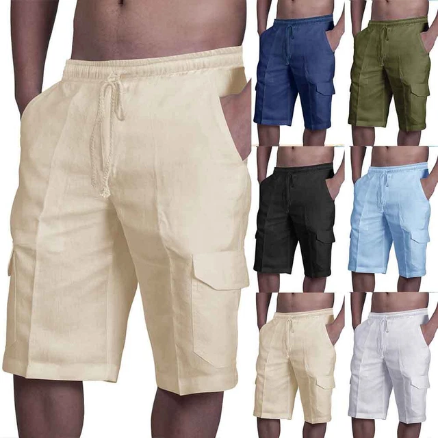 Mens Linen Elastic Waist Chino Shorts Summer Loose Casual Beach Pants Trousers