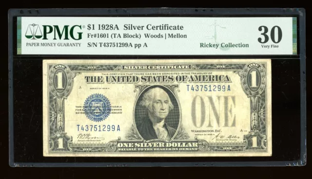 DBR 1928-A $1 Silver Funnyback Fr. 1601 TA Block PMG 30 Serial T43751299A