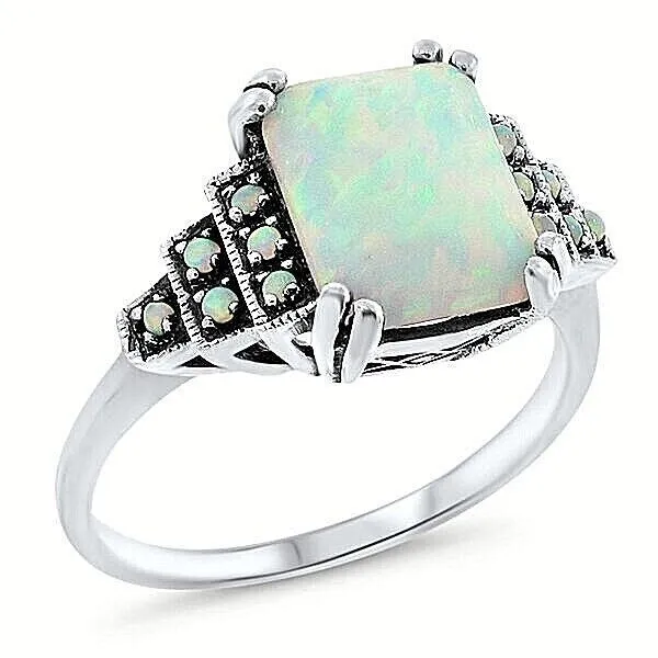 Classic Art Deco Style Lab-Created Opal 925 Sterling Silver Ring            648X