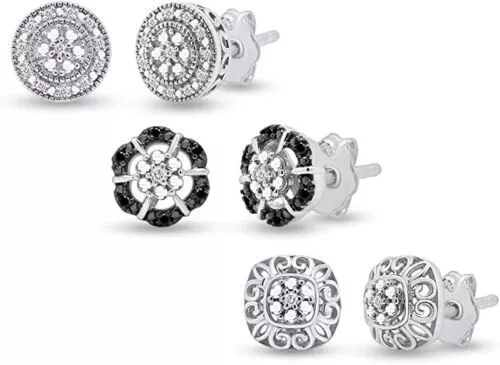 1/5ct Real Black & White Natural Diamond Set Of 3 Pair Stud Earrings in Sterling
