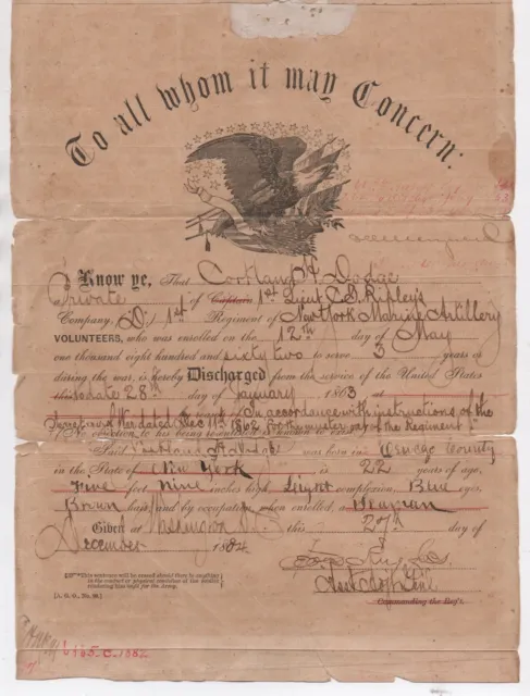 1864 US Civil War Discharge Certificate Cortland Dodge New York Marine Artillery