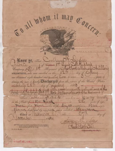 1864 US Civil War Discharge Certificate Cortland Dodge New York Marine Artillery 1864 US Civil War Discharge Certificate Cortland Dodge New York Marine Artillery