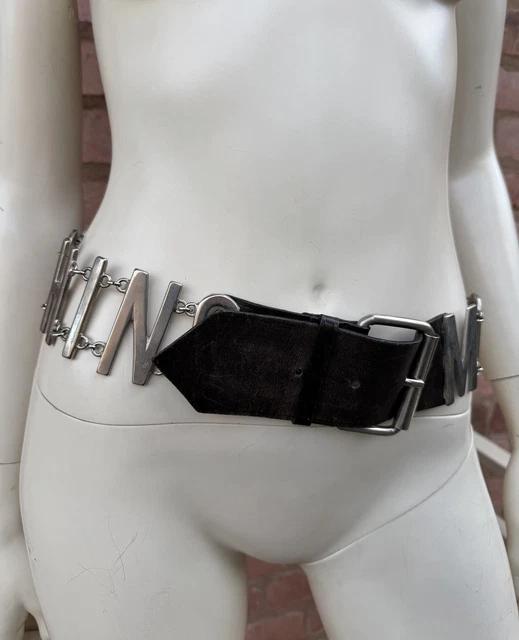 Ceinture Moschino Vintage - Cuir Et Toile Imprimée - Taille 65/71 - Occasion Authentique