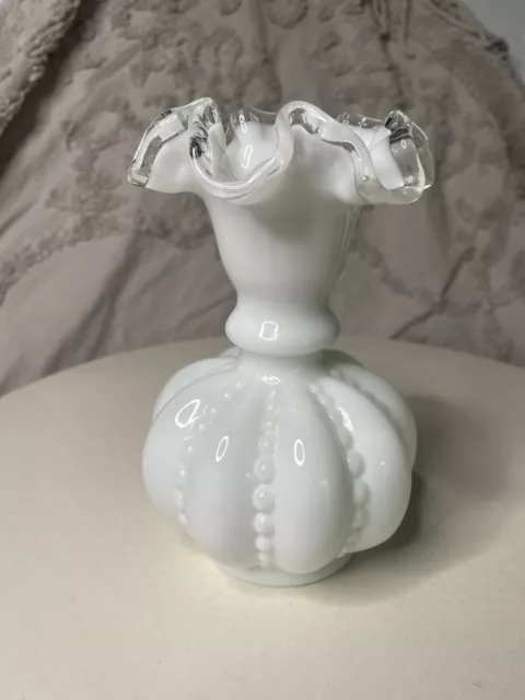 Vintage Fenton Beaded Milk Glass Ruffled Edge Vase w/ Clear Crest Rim 6 3/8"