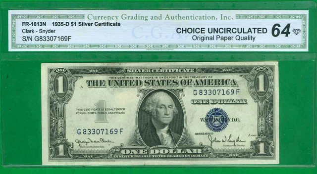 $1 1935-D 1 G/F Block Blue Seal Silver Certificate Choice Uncirculated Opq 64