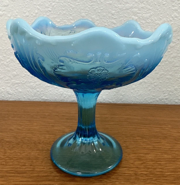 Antique Northwood Opalescent Blue Jelly Compote 5” Tall