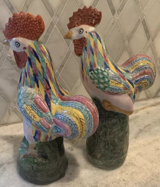 PAIR Early 20th Century Roosters Chickens Vtg Antique Figurine 10”T 6”w Pink Grn