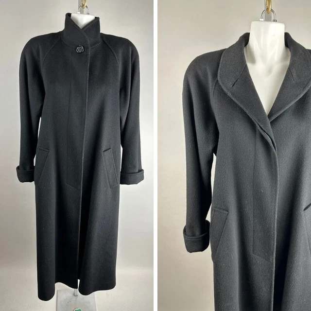 Vtg 90s Fleurette Black Wool Long Trench Coat Button Womens Size XL 2XL Vtg 90s Fleurette Black Wool Long Trench Coat Button Womens Size XL 2XL