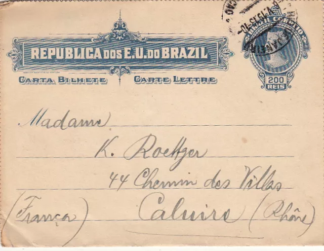 Lettre/Cover Entier Postal Brasil Rio De Janeiro pour la France 1913