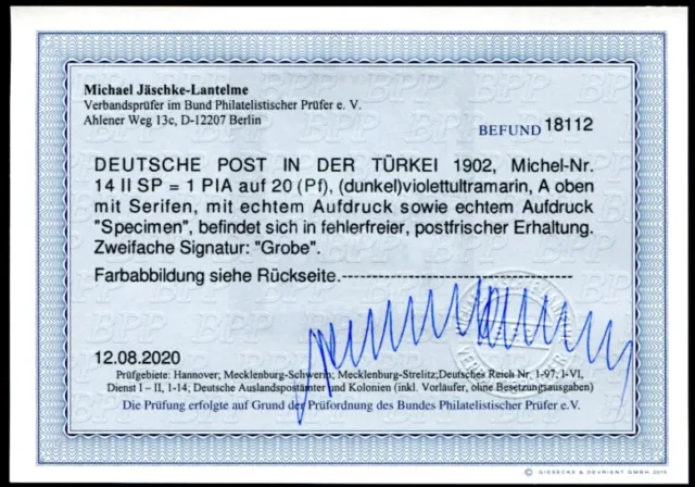 Deutsche Kolonien Türkei 1900 14Ii Specimen ** Postfrisch Luxus Befund Bpp(H5460 3