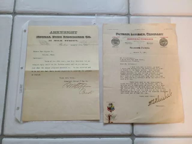 Antique Papers Lot ARKWRIGHT FIRE INSURANCE CO 1894 Putnam Lumber Co 1941