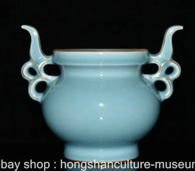 6.6" Qianlong Marked Old China Celeste Glaze Porcelain Palace 2 Ear Censer