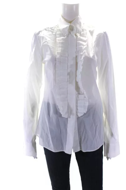 Dolce & Gabbana Women's Cotton Long Sleeve Ruffle Trim Blouse White Size 44