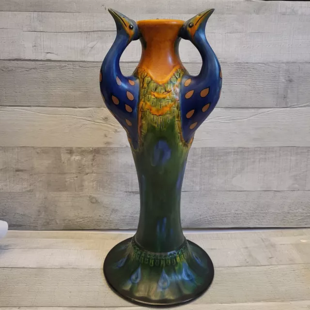 Vintage Majolica Faience Peacock Vase Art Deco 3 Headed