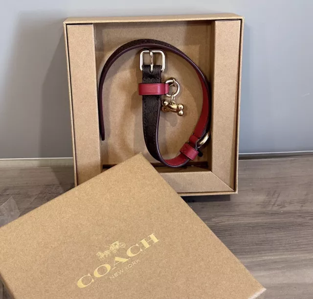 COACH Small Dog Collar Signature Canvas Leather Red Apple/Brown/Gold Bone Boxed