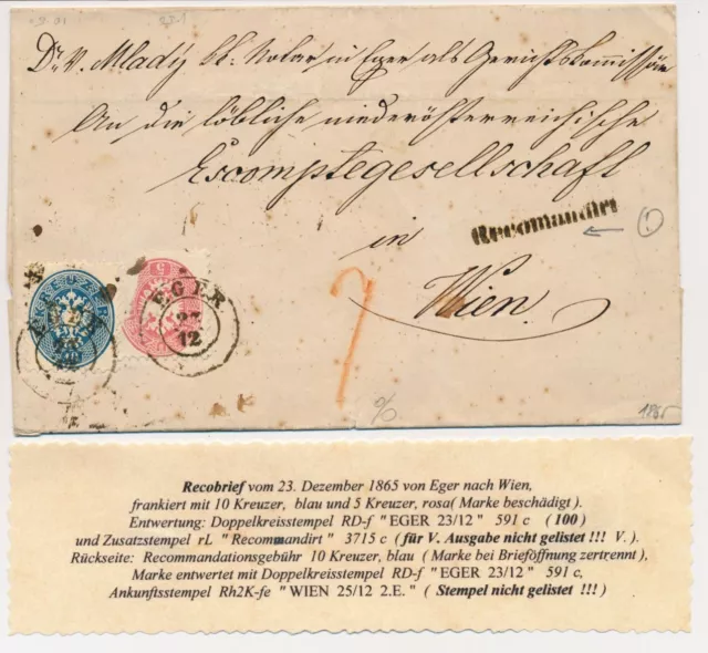 ÖSTERREICH 1865 10+5kr+10kr, REKO-Brief EGER (B) nach WIEN. Attraktiv!