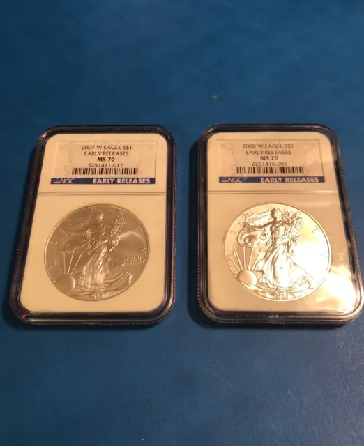 2007 W & 2008 W Silver American Eagles $1 , Early Releases , N G C MS 70