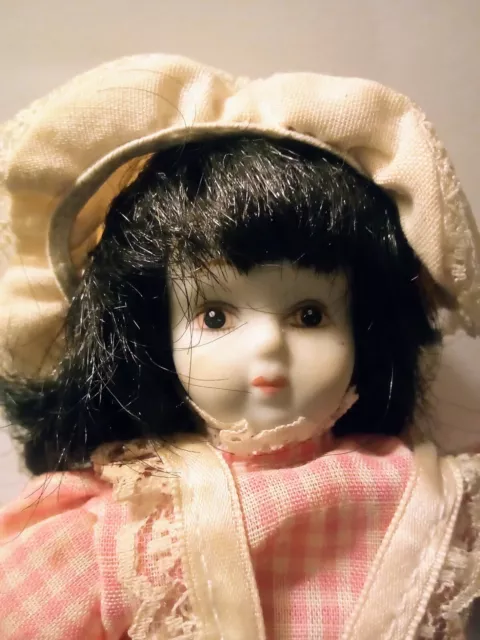 Vintage Doll Bisque/porcelain/cloth Checkered Dress, Bonnet, Apron, 7"