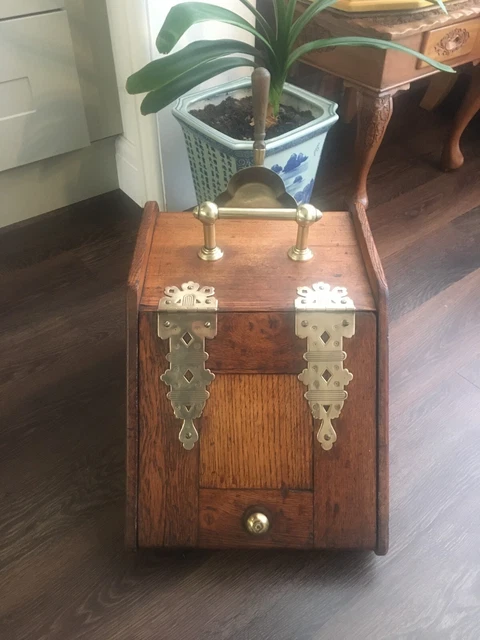 Antique Wooden Coal Scuttle with Brass Fittings and brass shovel
