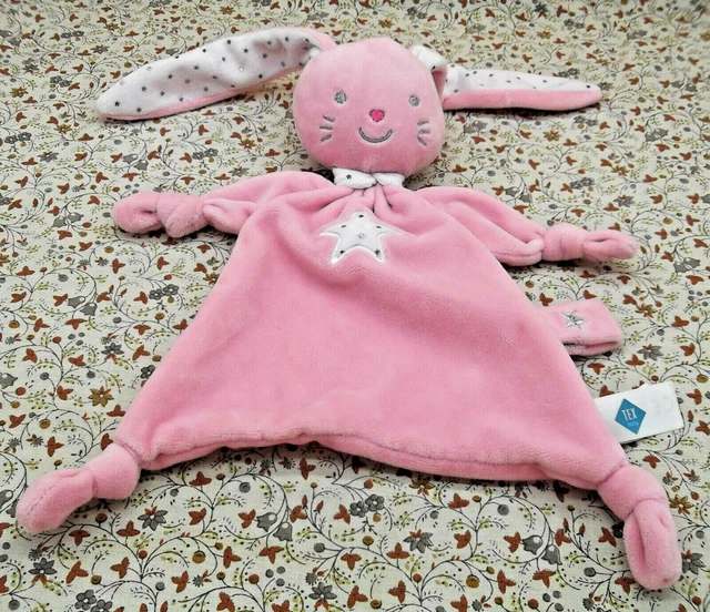 🦁 Doudou Tex Baby  Lapin Rose Blanc  Etoile Gris Argent Tetine 45Cm Quasi Neuf