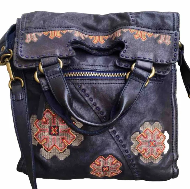 LUCKY BRAND Purse Womens Black Soft Leather Aztec Embroidered Abbey Road Bag NEW