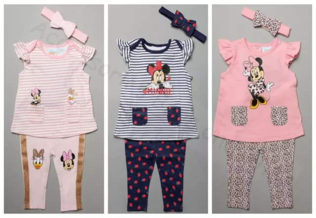 Baby Girls Disney Minnie Mouse T-Shirt Leggings Headband 3 Piece Set 3-24 Months