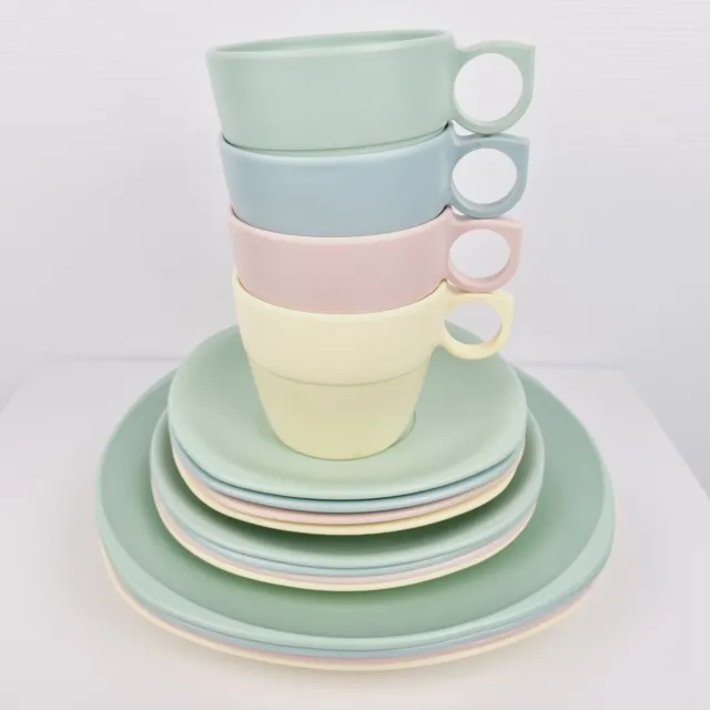 Vintage 1950s Pastel IPLEX 4 Sets Dinner Plates Side Plates Cups & Saucers