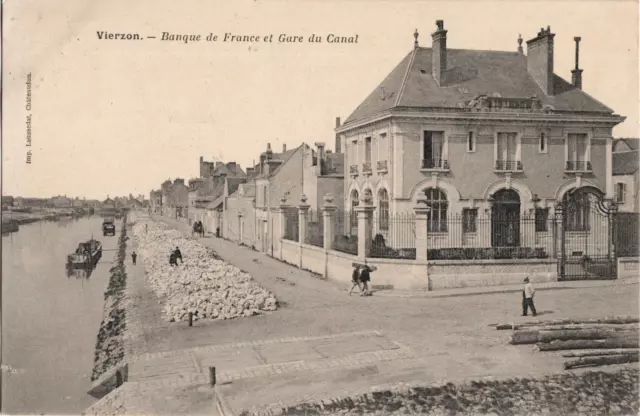 Cpa - 18 - Vierzon - Banque De France Et Gare Du Canal.