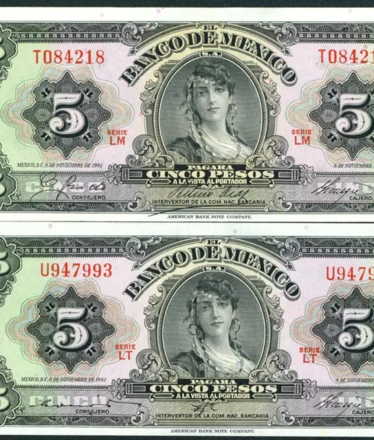 ((TWO NOTES)) 5 Pesos 1961 El Banco De Mexico ((CHOICE CU)) **CURRENCY**