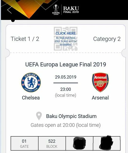 2 Ticket Biglietti Europa League Finale Final Baku Cat 2 Free Arsenal Chelsea