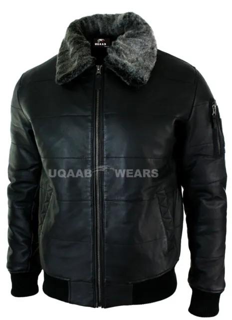 Mens Flight Fur Collar Down Leather Jacket Causal Puffer Real Leather Puffy Coat