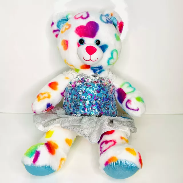 Build A Bear White With Rainbow Hearts In Cute Sequin Dress 20''