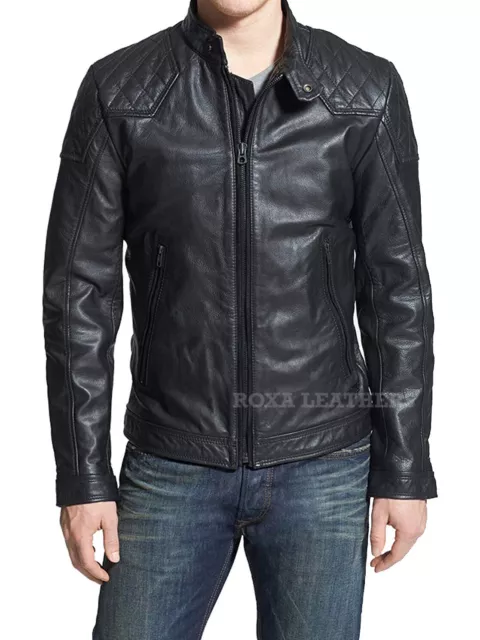 Men's Biker Western Real Authentic Lambskin Leather Jacket Stitch Designer Black