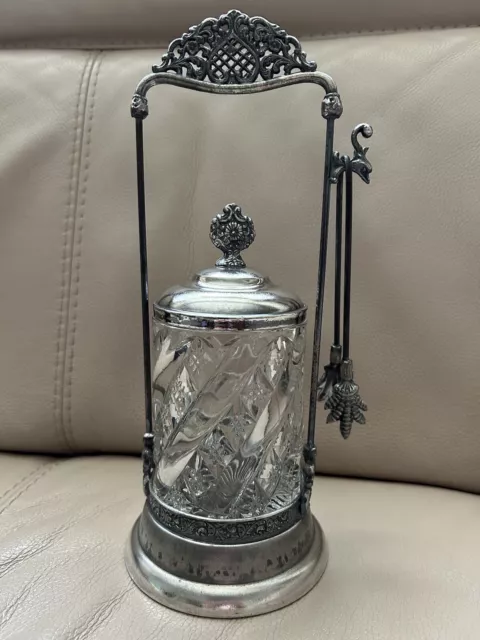 Antique Victorian Silver Plate & Crystal Glass Pickle Jar Floral Stand + Tongs