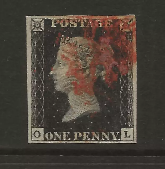 GB 1840 SG2 1d Penny Black PLATE 8 Lettered OL Fine 4 Margin Red MX