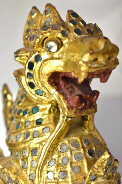 Early 20thC Burmese Gilt Wood Guardian Lion /Foo Dog "Chinthe" -Thayo Decoration 6