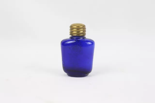 Vintage Old Cobalt Blue Glass Small Unique Collectible Bottle Rustic Brass Cap