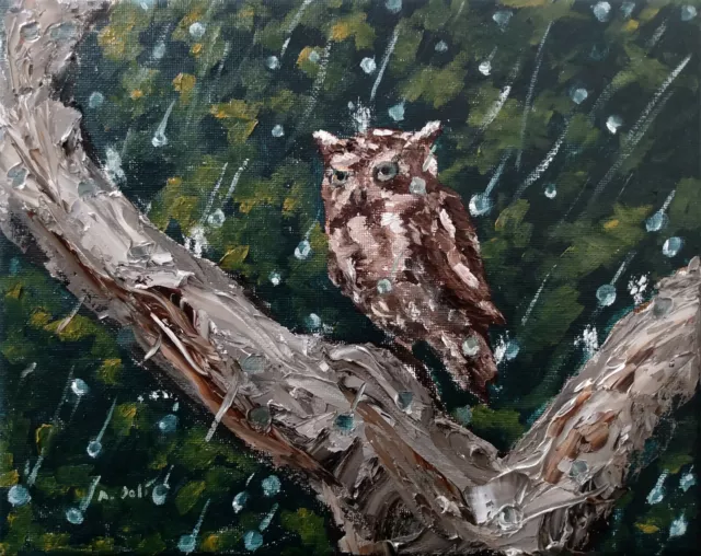 Oil Painting Screech Owl Bird of Prey Animal in Rain Landscape Art by A. Joli